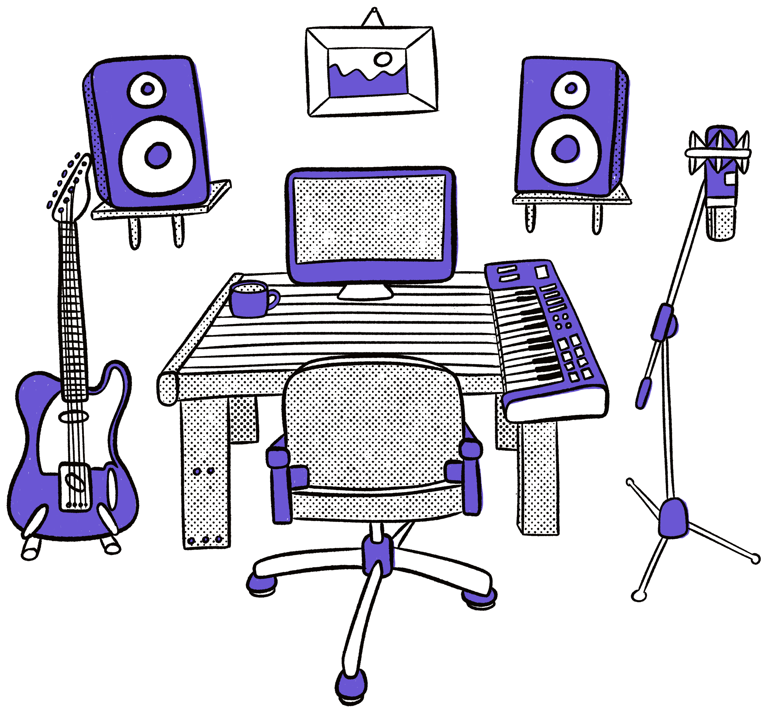 Illustration of desk, studio monitors, and iMac